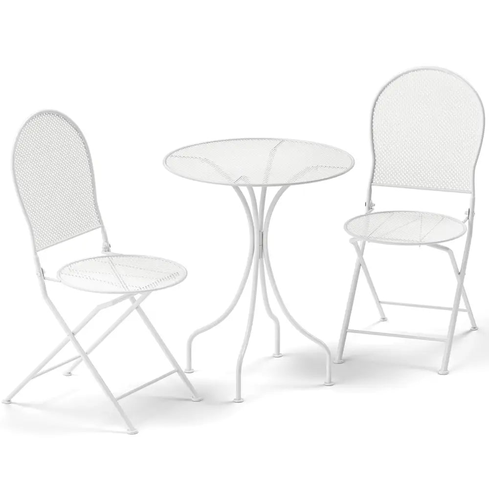 3 Piece Metal Bistro Patio Round Table and 2 Folding Chairs Set-White - White - Patio Dining Sets