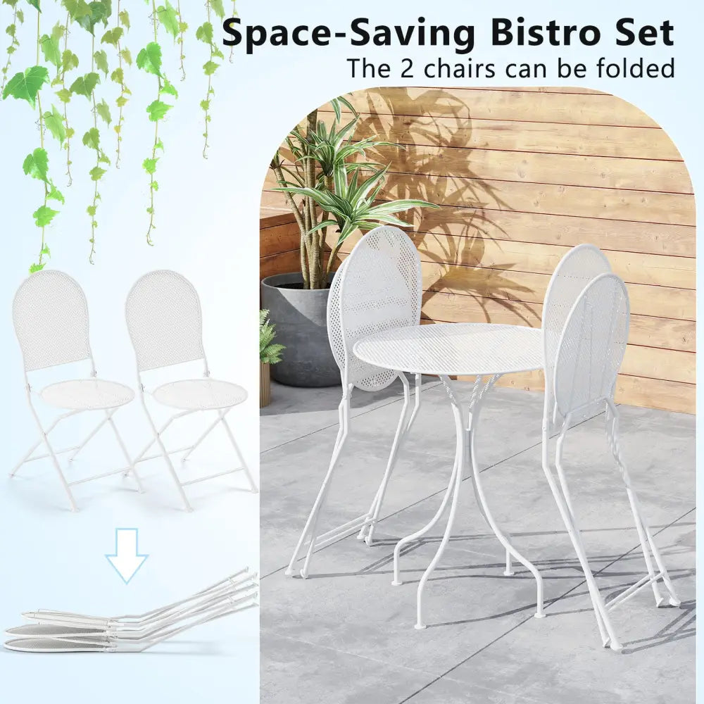 3 Piece Metal Bistro Patio Round Table and 2 Folding Chairs Set-White - White - Patio Dining Sets