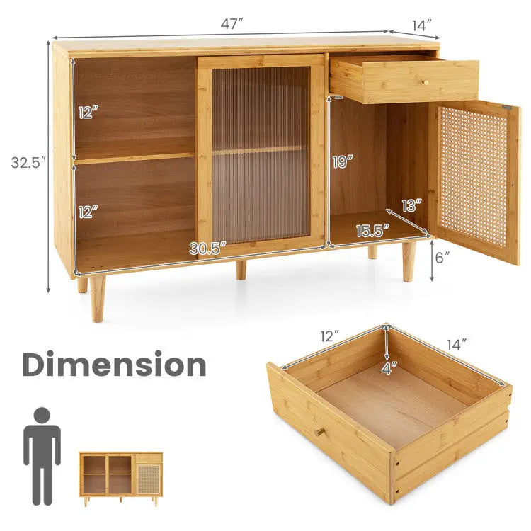 3-Piece Modern Dining Room Set: Wooden Dining Chairs + Bamboo Sideboard Cabinet + Tall Storage Cabinet - Natural