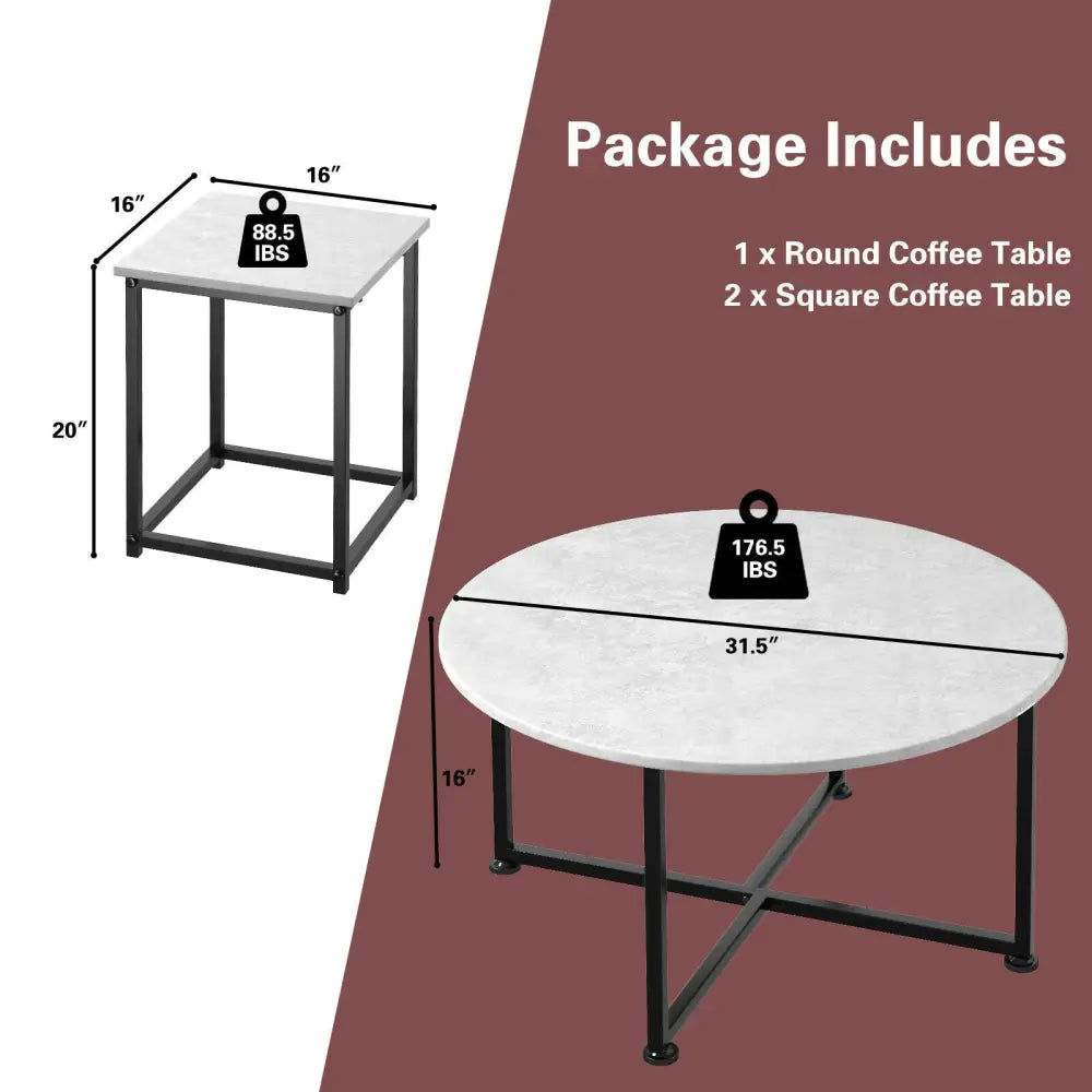 3-Piece Modern Faux Marble Coffee Table Set for Living Room-Gray - Gray - Coffee Tables