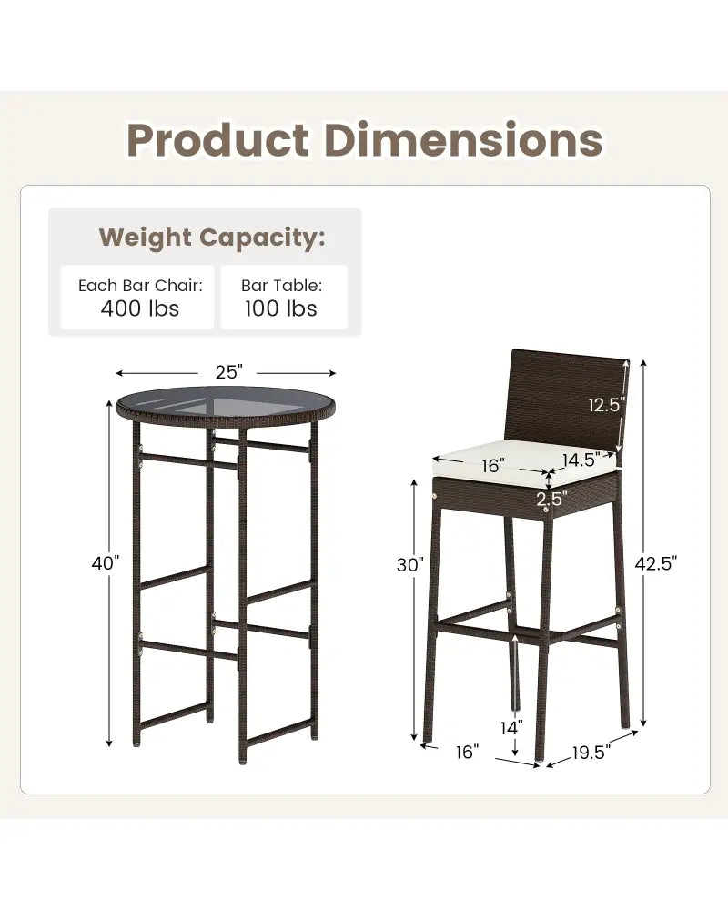 3 Piece Outdoor Bar Set Patio Heavy-Duty Metal Barstool and Table Set-White - White - Patio Bar Furniture
