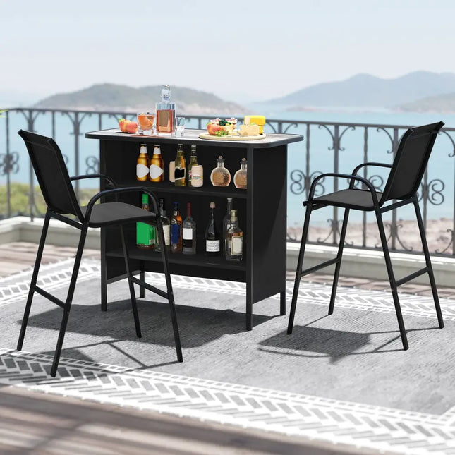 3 Piece Outdoor Bar Set with Footrest and 2-Tier Shelf-Black - Black - Patio Bar Furniture