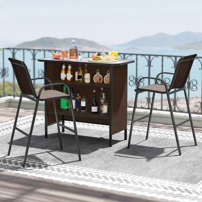 3 Piece Outdoor Bar Set with Footrest and 2-Tier Shelf-Coffee - Coffee - Patio Bar Furniture