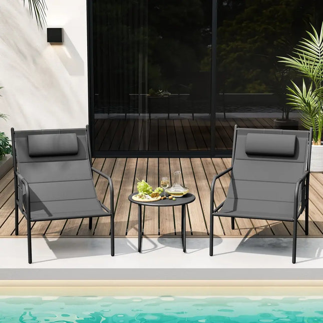 3 Piece Outdoor Bistro Set Patio Metal Chair and Coffee Table Set-Gray - Gray - Patio Bar Furniture