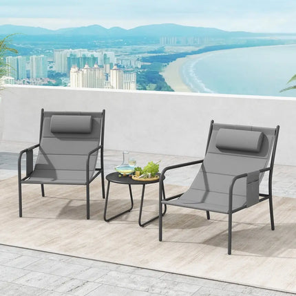 3 Piece Outdoor Bistro Set Patio Metal Chair and Coffee Table Set-Gray - Gray - Patio Bar Furniture
