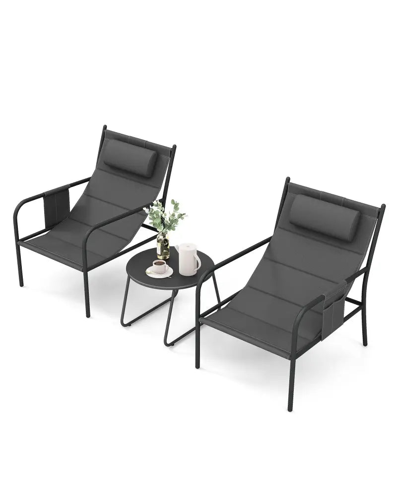 3 Piece Outdoor Bistro Set Patio Metal Chair and Coffee Table Set-Gray - Gray - Patio Conversation Sets