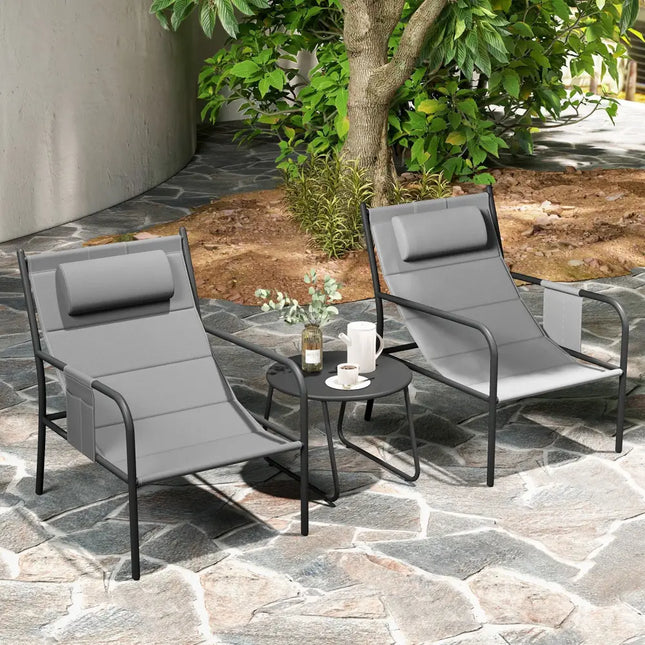 3 Piece Outdoor Bistro Set Patio Metal Chair and Coffee Table Set-Gray - Gray - Patio Bar Furniture