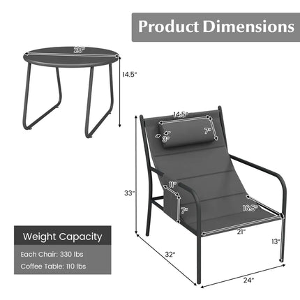 3 Piece Outdoor Bistro Set Patio Metal Chair and Coffee Table Set-Gray - Gray - Patio Bar Furniture