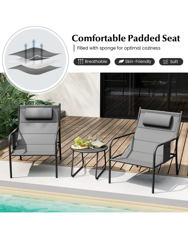 3 Piece Outdoor Bistro Set Patio Metal Chair and Coffee Table Set-Gray - Gray - Patio Conversation Sets