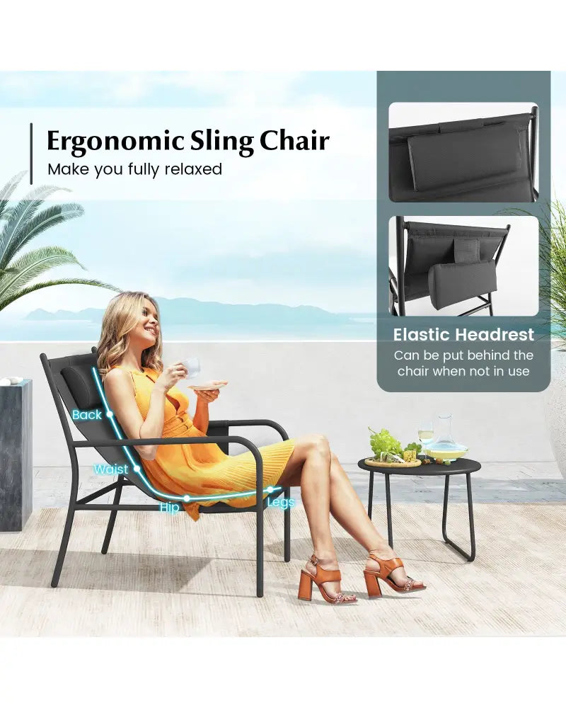 3 Piece Outdoor Bistro Set Patio Metal Chair and Coffee Table Set-Gray - Gray - Patio Conversation Sets