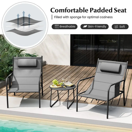 3 Piece Outdoor Bistro Set Patio Metal Chair and Coffee Table Set-Gray - Gray - Patio Bar Furniture
