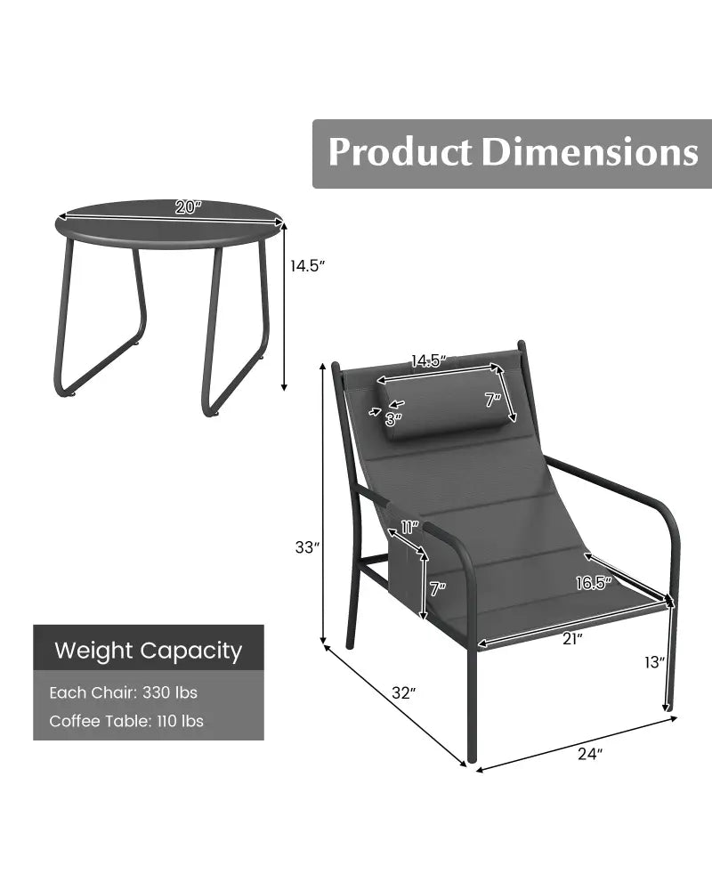 3 Piece Outdoor Bistro Set Patio Metal Chair and Coffee Table Set-Gray - Gray - Patio Conversation Sets