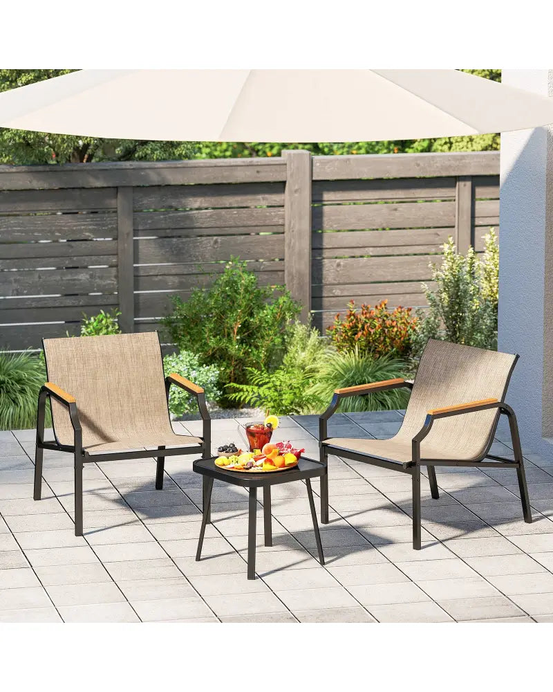 3 Piece Outdoor Chair Set with Breathable Fabric Seat and Armrests-Brown - Brown - Patio Conversation Sets