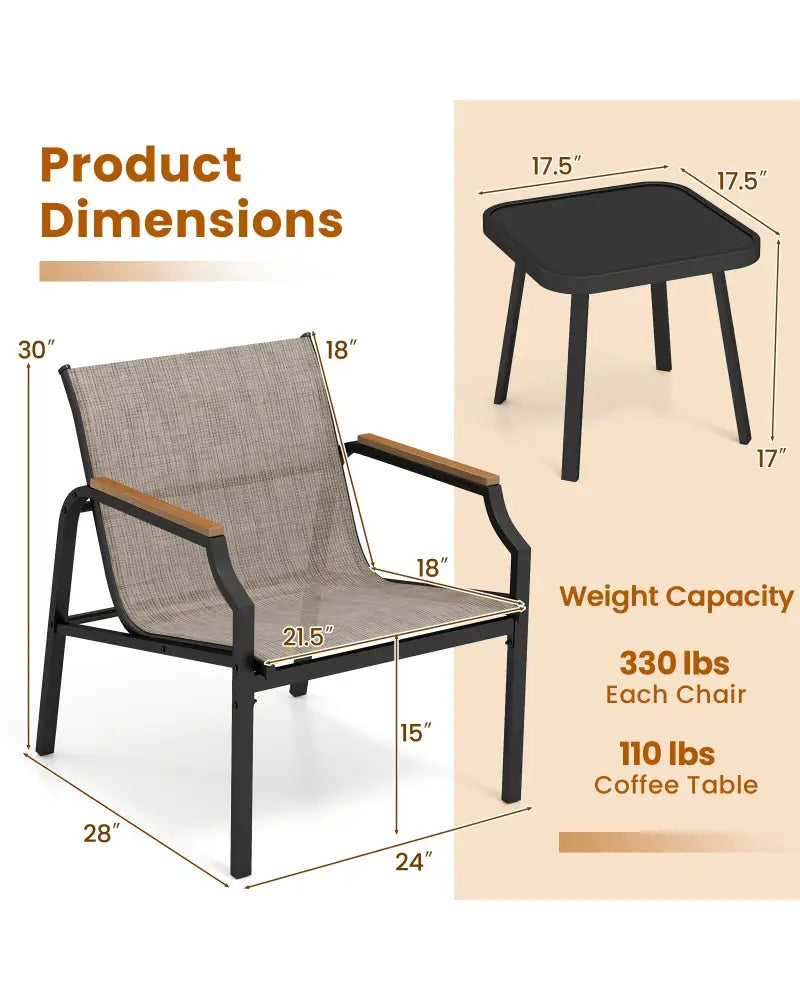 3 Piece Outdoor Chair Set with Breathable Fabric Seat and Armrests-Brown - Brown - Patio Conversation Sets