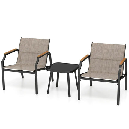 3 Piece Outdoor Chair Set with Breathable Fabric Seat and Armrests-Brown - Brown - Patio Conversation Sets