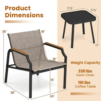 3 Piece Outdoor Chair Set with Breathable Fabric Seat and Armrests-Brown - Brown - Patio Conversation Sets