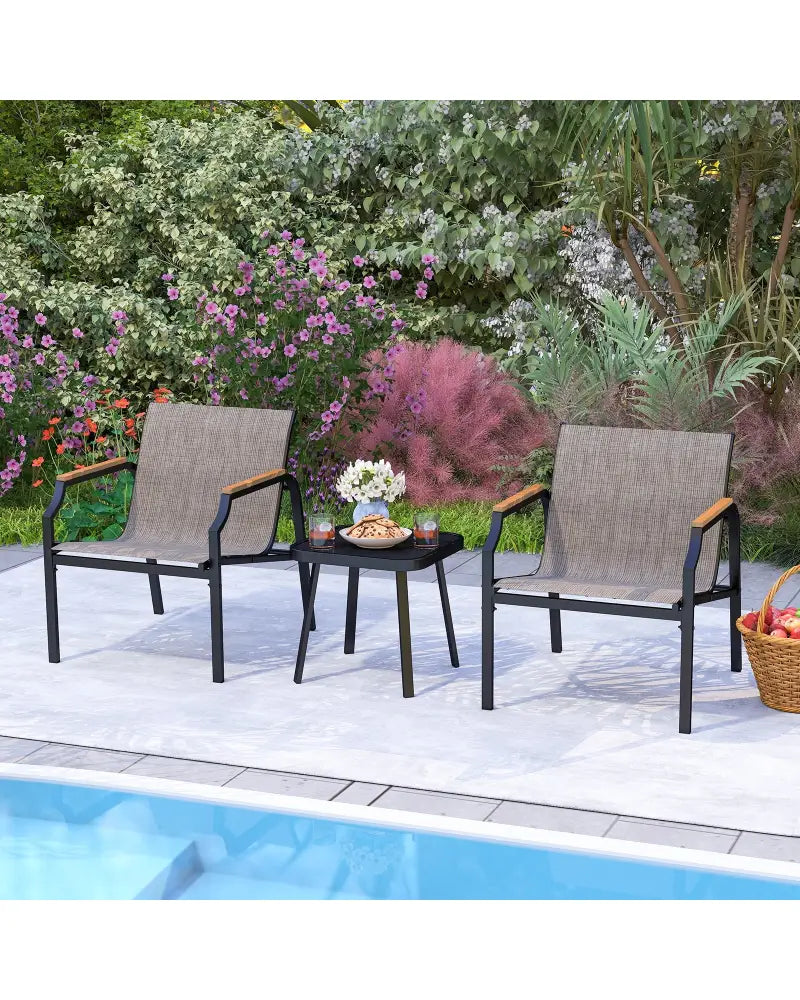 3 Piece Outdoor Chair Set with Breathable Fabric Seat and Armrests-Brown - Brown - Patio Conversation Sets