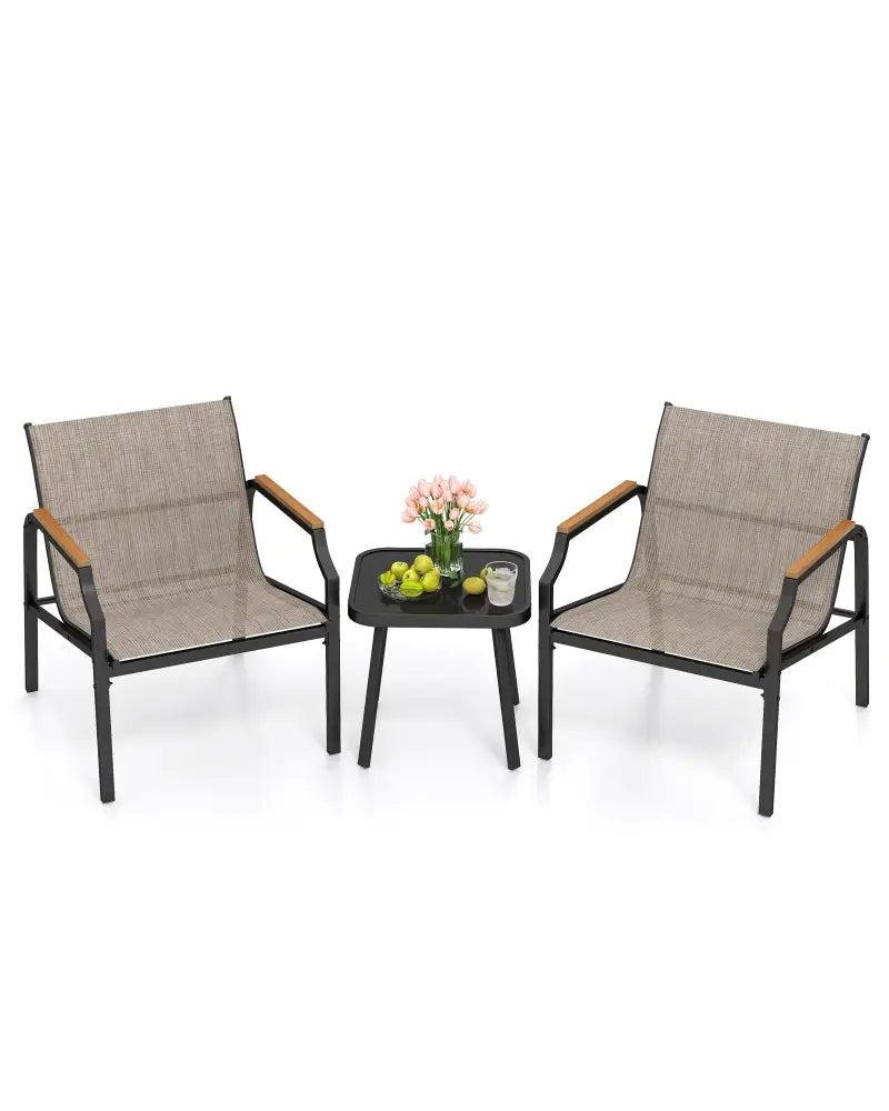 3 Piece Outdoor Chair Set with Breathable Fabric Seat and Armrests-Brown - Brown - Patio Conversation Sets