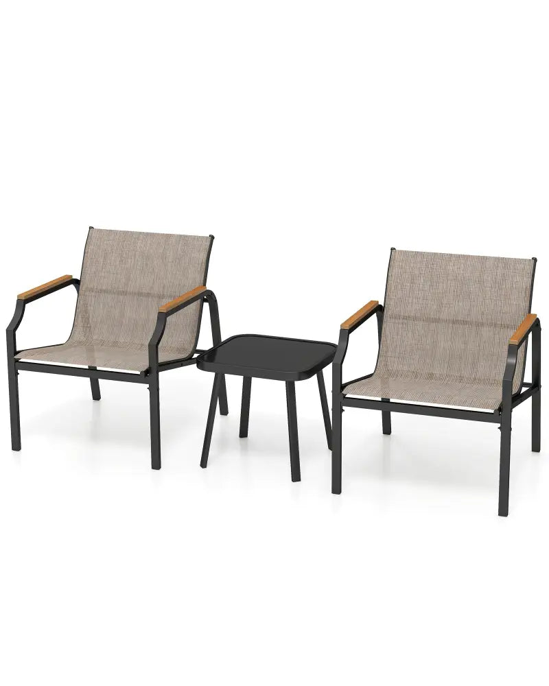 3 Piece Outdoor Chair Set with Breathable Fabric Seat and Armrests-Brown - Brown - Patio Conversation Sets