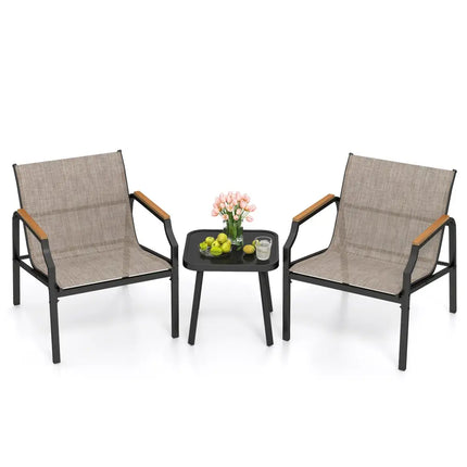 3 Piece Outdoor Chair Set with Breathable Fabric Seat and Armrests-Brown - Brown - Patio Conversation Sets