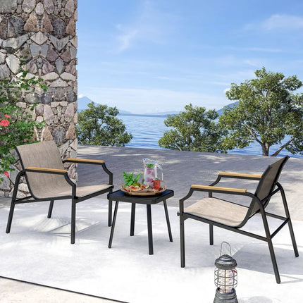 3 Piece Outdoor Chair Set with Breathable Fabric Seat and Armrests-Brown - Brown - Patio Conversation Sets