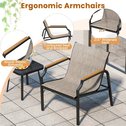 3 Piece Outdoor Chair Set with Breathable Fabric Seat and Armrests-Brown - Brown - Patio Conversation Sets