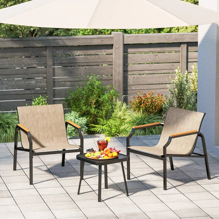 3 Piece Outdoor Chair Set with Breathable Fabric Seat and Armrests-Brown - Brown - Patio Conversation Sets