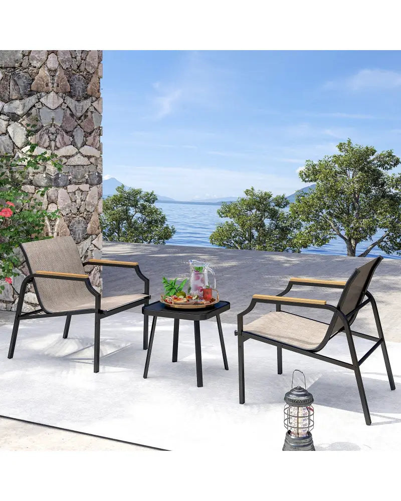 3 Piece Outdoor Chair Set with Breathable Fabric Seat and Armrests-Brown - Brown - Patio Conversation Sets