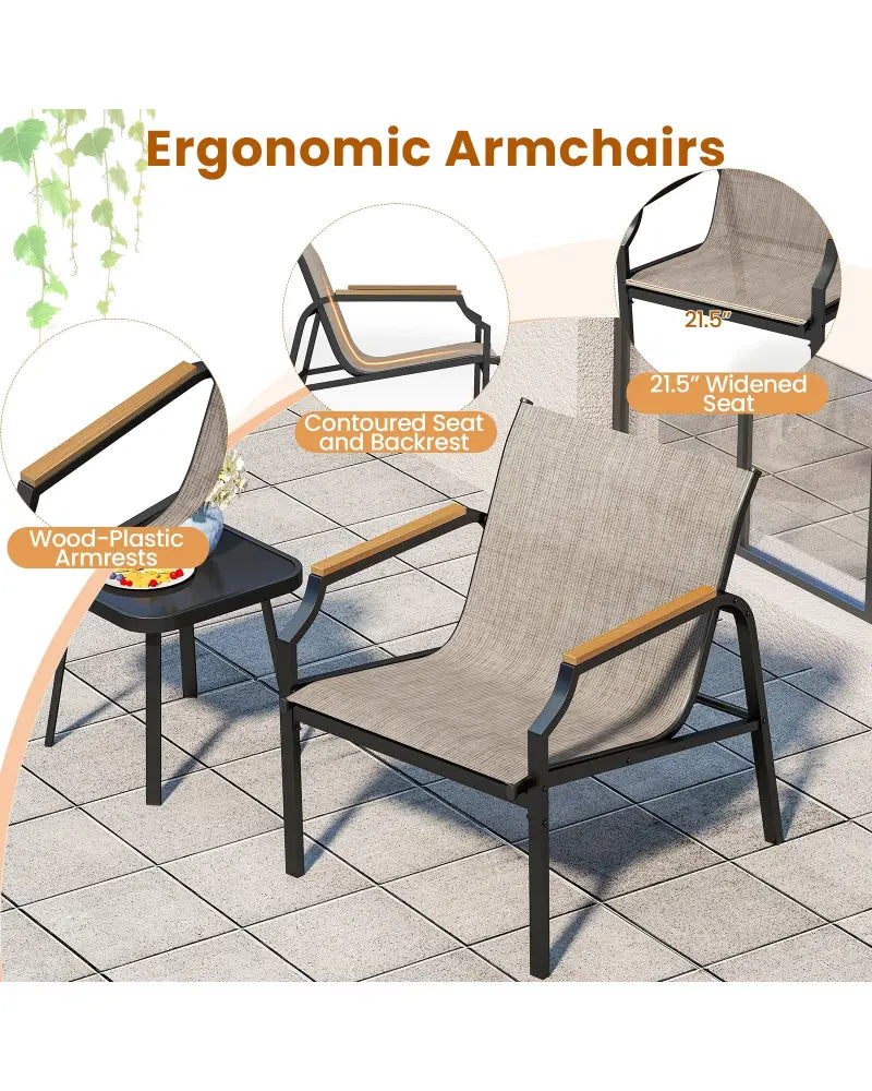 3 Piece Outdoor Chair Set with Breathable Fabric Seat and Armrests-Brown - Brown - Patio Conversation Sets