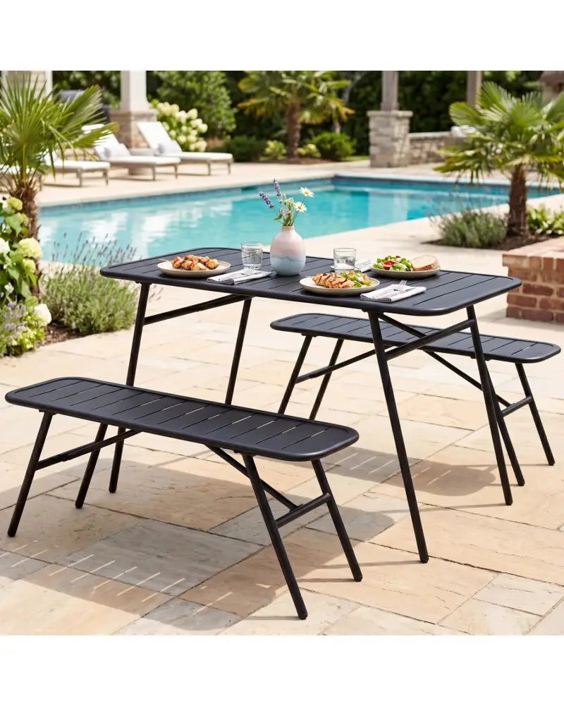 3-Piece Outdoor Dining Set with Coffee Table and 2 Benches for Backyard Deck-Black - Black - Patio Dining Sets