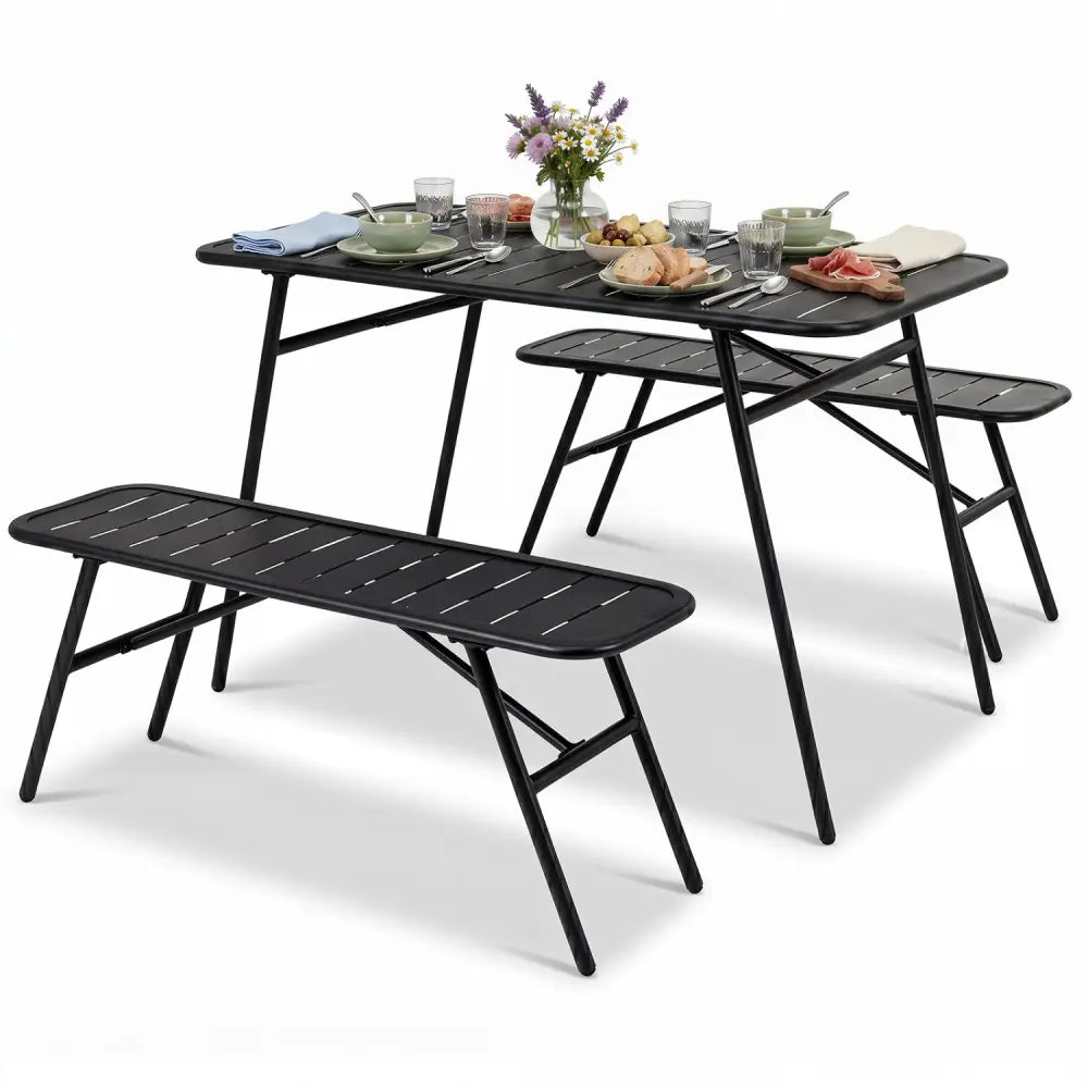 3-Piece Outdoor Dining Set with Coffee Table and 2 Benches for Backyard Deck-Black - Black - Patio Dining Sets