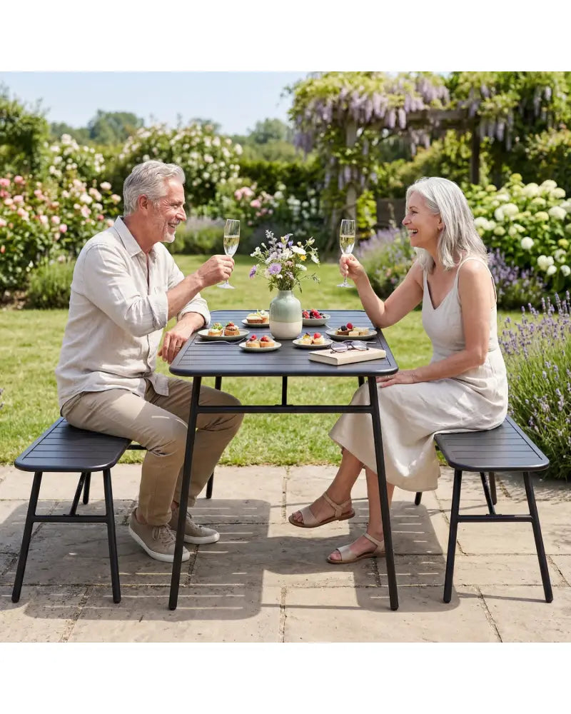 3-Piece Outdoor Dining Set with Coffee Table and 2 Benches for Backyard Deck-Black - Black - Patio Dining Sets