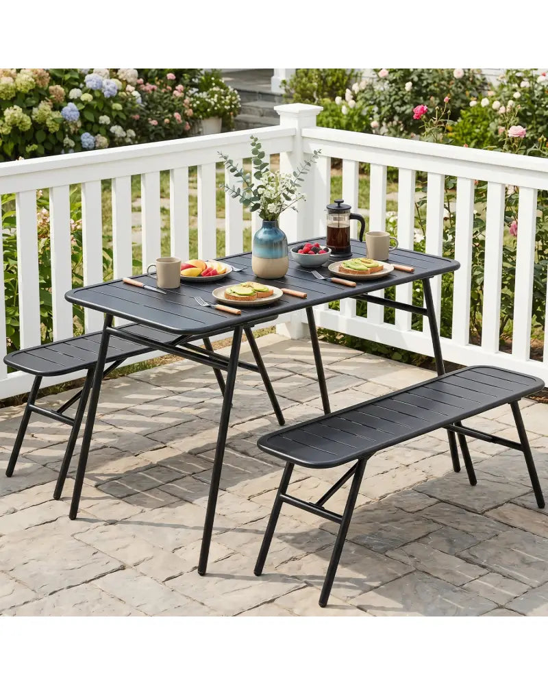3-Piece Outdoor Dining Set with Coffee Table and 2 Benches for Backyard Deck-Black - Black - Patio Dining Sets