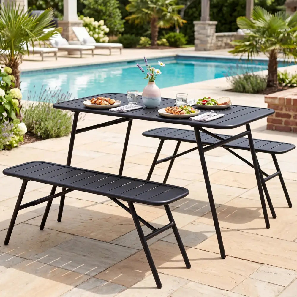 3-Piece Outdoor Dining Set with Coffee Table and 2 Benches for Backyard Deck-Black - Black - Patio Dining Sets
