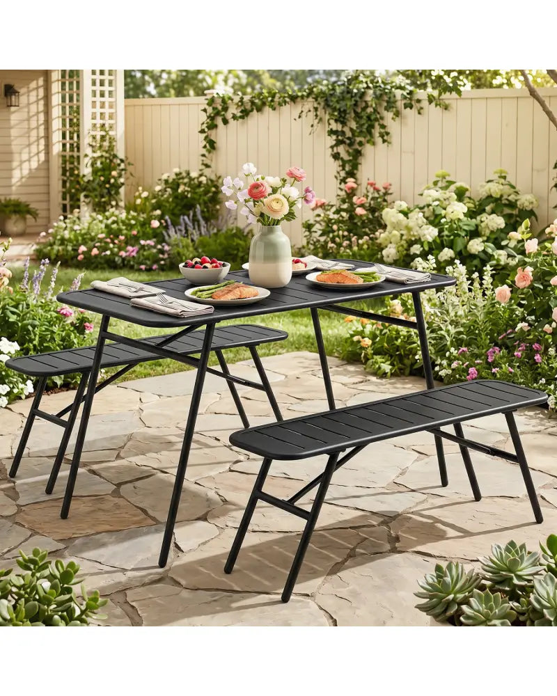3-Piece Outdoor Dining Set with Coffee Table and 2 Benches for Backyard Deck-Black - Black - Patio Dining Sets