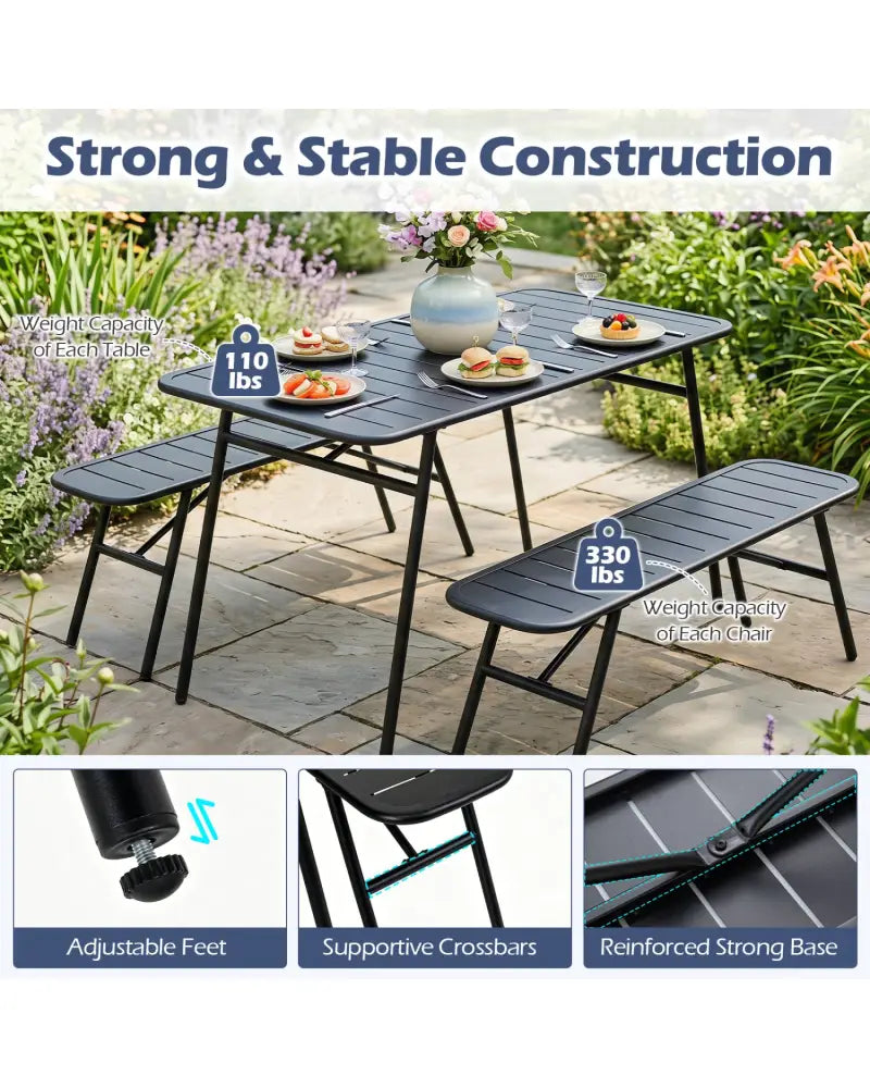 3-Piece Outdoor Dining Set with Coffee Table and 2 Benches for Backyard Deck-Black - Black - Patio Dining Sets