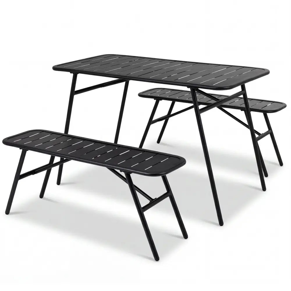 3-Piece Outdoor Dining Set with Coffee Table and 2 Benches for Backyard Deck-Black - Black - Patio Dining Sets