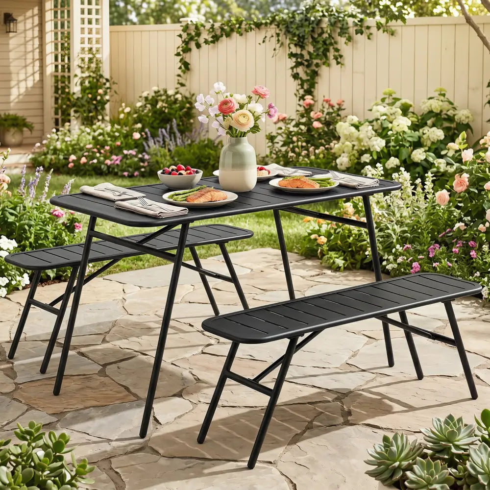 3-Piece Outdoor Dining Set with Coffee Table and 2 Benches for Backyard Deck-Black - Black - Patio Dining Sets