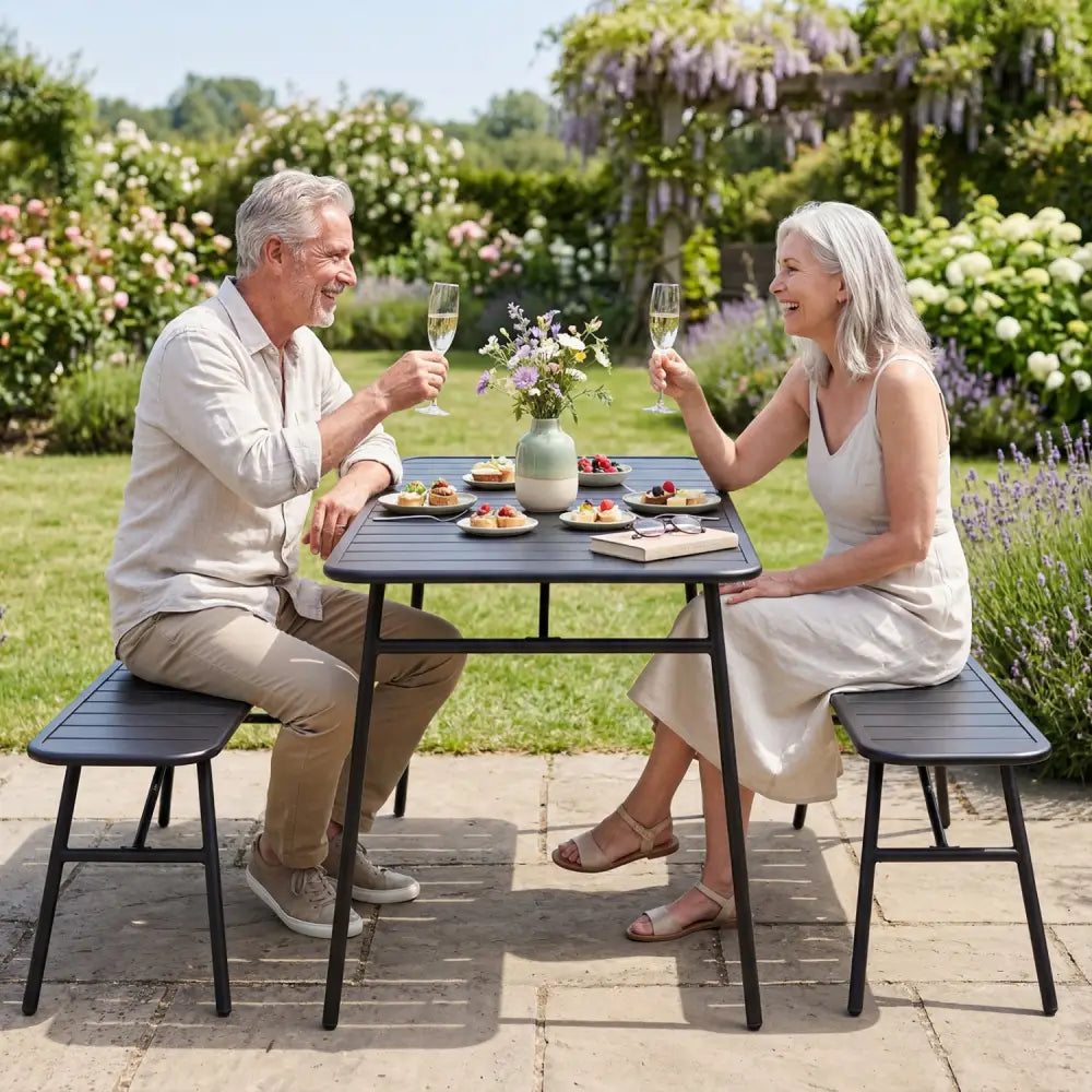 3-Piece Outdoor Dining Set with Coffee Table and 2 Benches for Backyard Deck-Black - Black - Patio Dining Sets