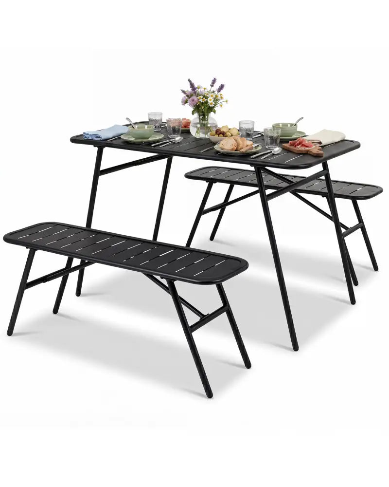 3-Piece Outdoor Dining Set with Coffee Table and 2 Benches for Backyard Deck-Black - Black - Patio Dining Sets