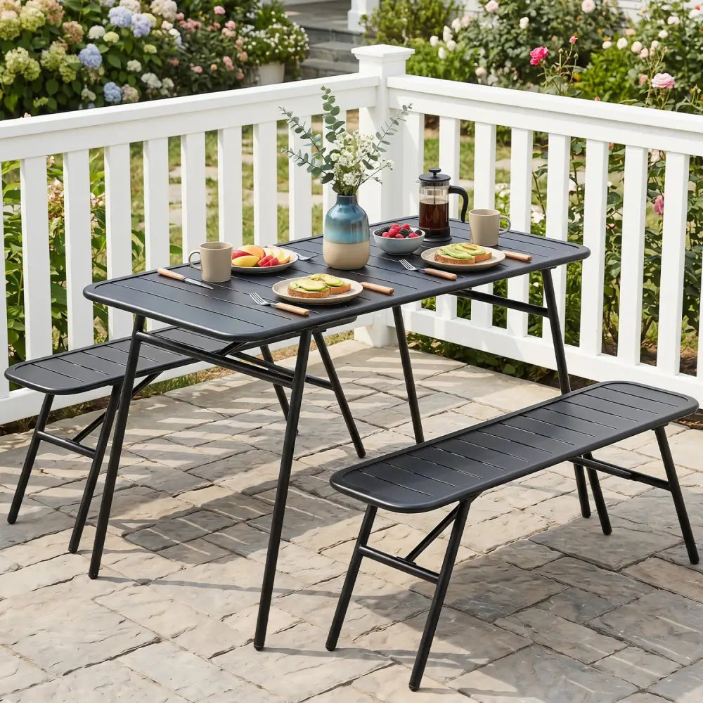 3-Piece Outdoor Dining Set with Coffee Table and 2 Benches for Backyard Deck-Black - Black - Patio Dining Sets