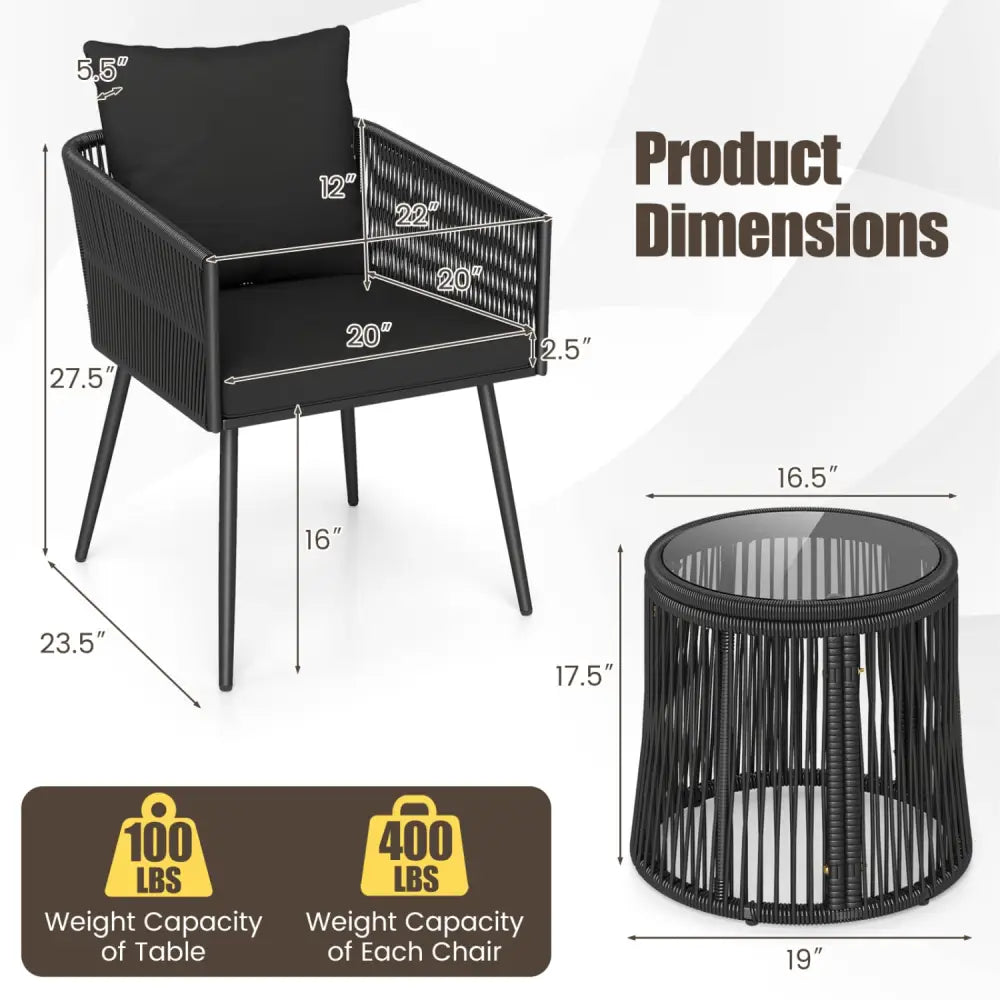 3-Piece Outdoor Furniture Set with Cushions for Porch Garden-Black - Black - Patio Conversation Sets