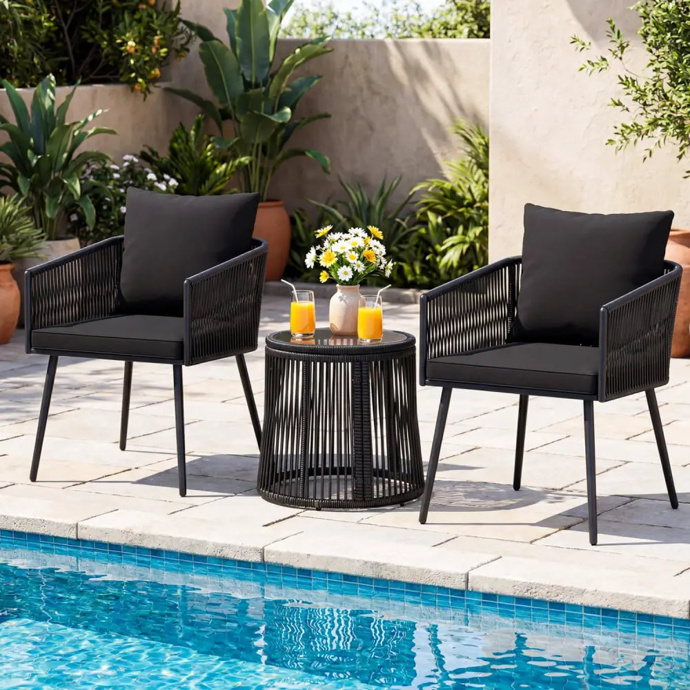 3-Piece Outdoor Furniture Set with Cushions for Porch Garden-Black - Black - Patio Conversation Sets