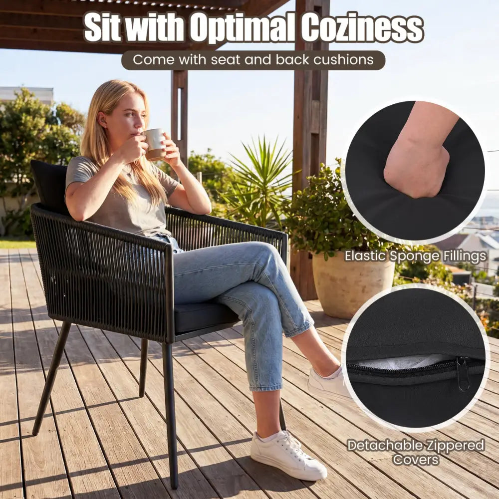 3-Piece Outdoor Furniture Set with Cushions for Porch Garden-Black - Black - Patio Conversation Sets