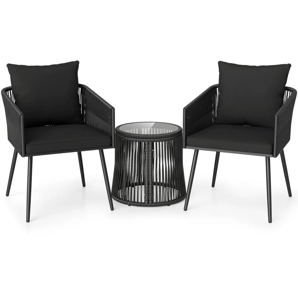 3-Piece Outdoor Furniture Set with Cushions for Porch Garden-Black - Black - Patio Conversation Sets