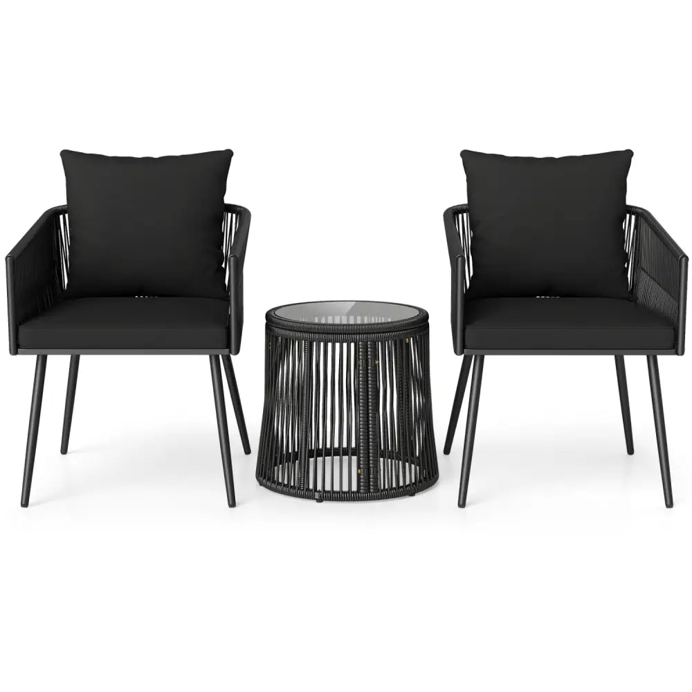 3-Piece Outdoor Furniture Set with Cushions for Porch Garden-Black - Black - Patio Conversation Sets