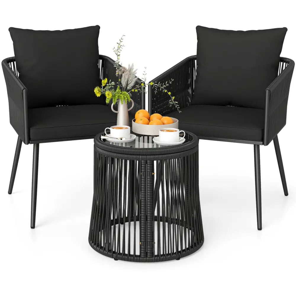 3-Piece Outdoor Furniture Set with Cushions for Porch Garden-Black - Black - Patio Conversation Sets