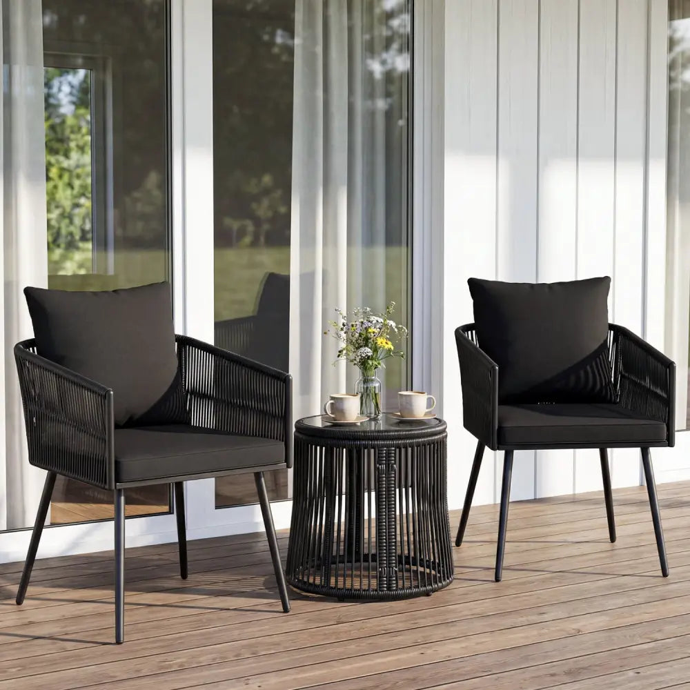 3-Piece Outdoor Furniture Set with Cushions for Porch Garden-Black - Black - Patio Conversation Sets