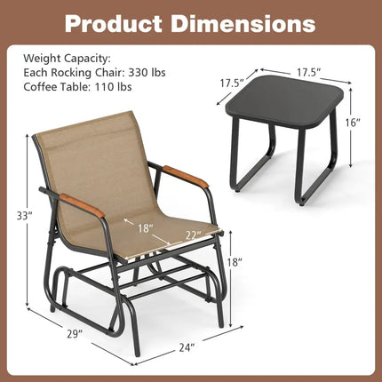 3-Piece Outdoor Glider Bistro Set with Tempered Glass Top and Metal Frame-Coffee - Coffee - Patio Conversation Sets