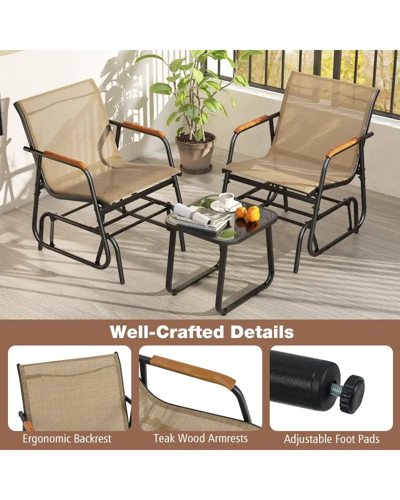 3-Piece Outdoor Glider Bistro Set with Tempered Glass Top and Metal Frame-Coffee - Coffee - Patio Conversation Sets